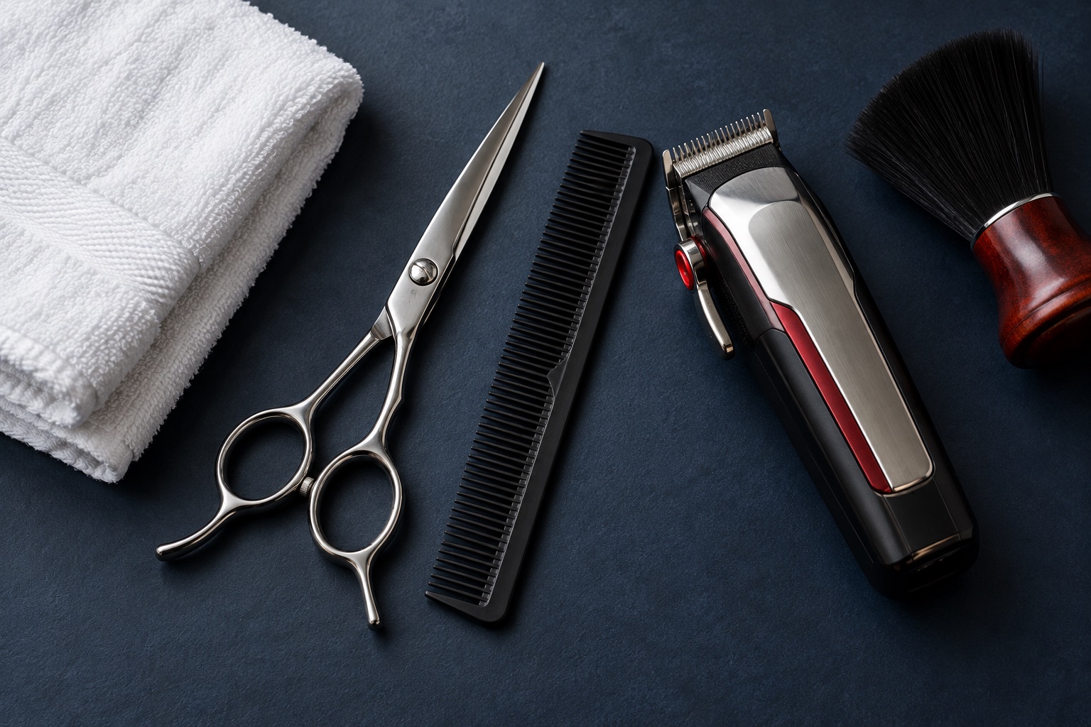 Illustrative still life of barber scissors, a comb, clipper, towel and brush